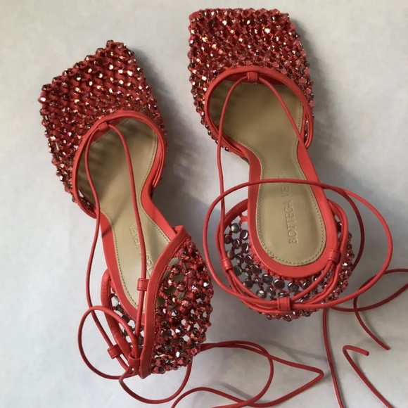 $2000 BOTTEGA VENETA STRETCH WEB CRYSTAL LACE UP SANDALS HEELS SHOES 38.5 - Picture 8 of 11
